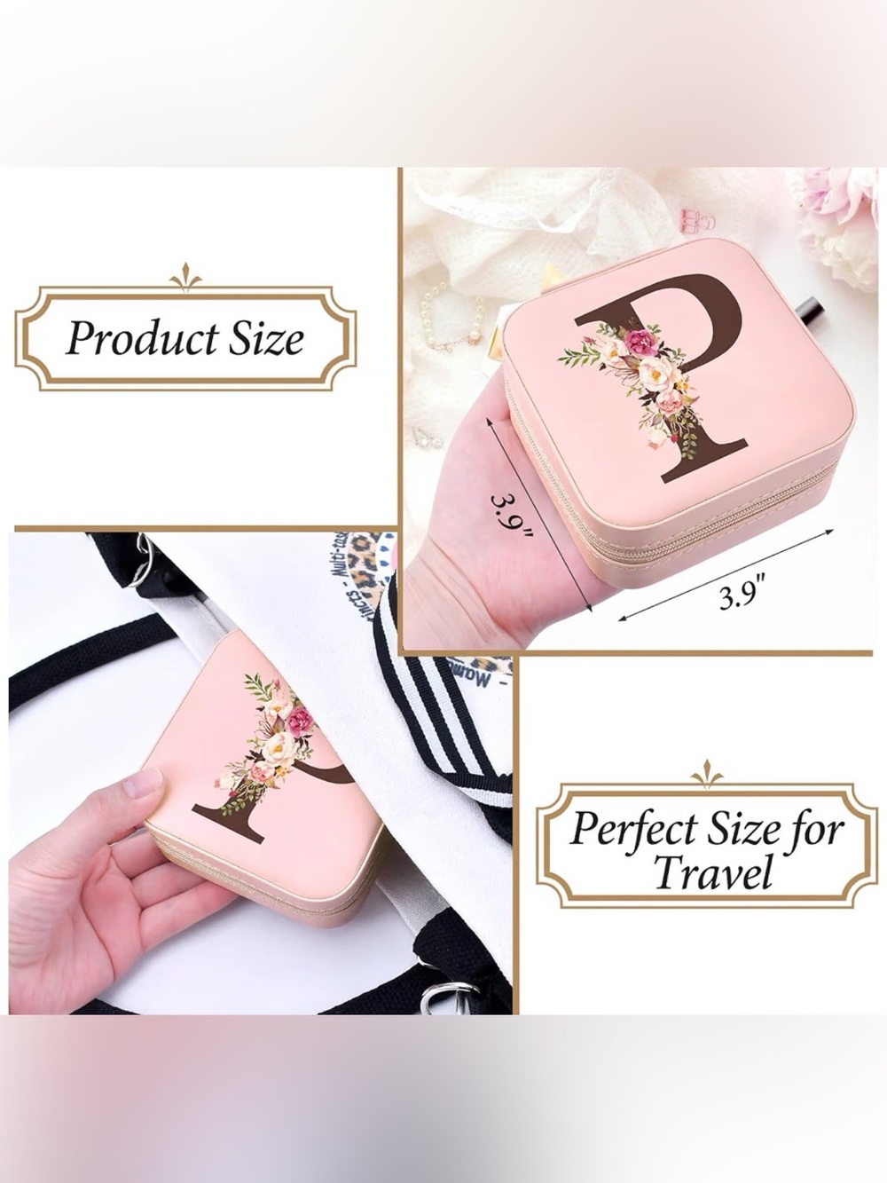 Pink Floral 'P' Jewelry Travel Case Cosmetic Organizer